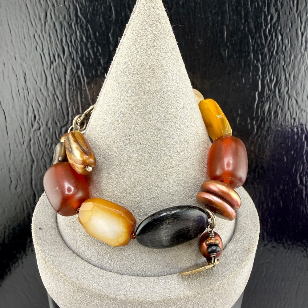 Silpada Sterling Silver Shell Horn Glass  Beaded Bracelet Fall Autumn 6.5”